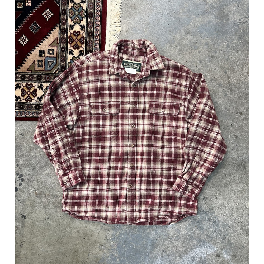 Field & Stream Outfitters Flannel Shirt Heavy Men's Large Maroon Cream Plaid